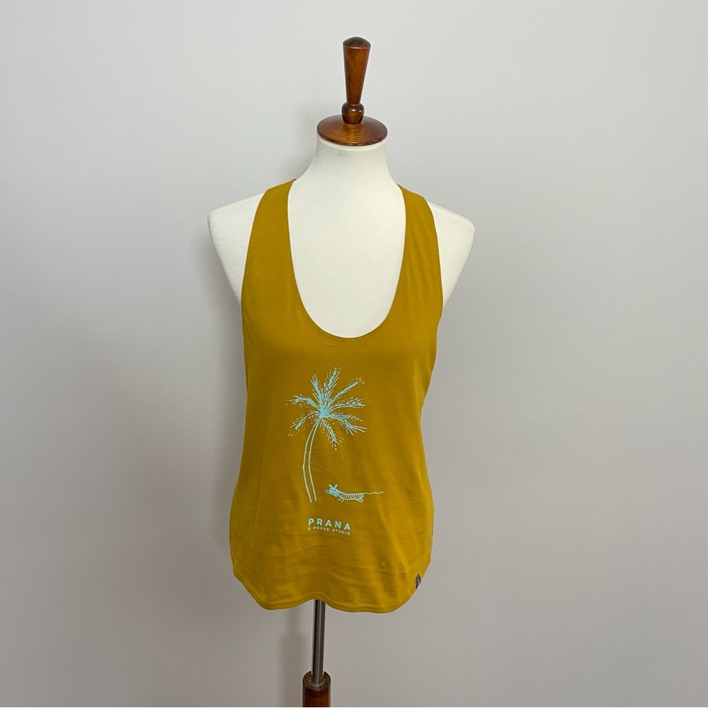 Prana Tank Top Roots Studio Organic Graphic Citronall Palms Green Yellow